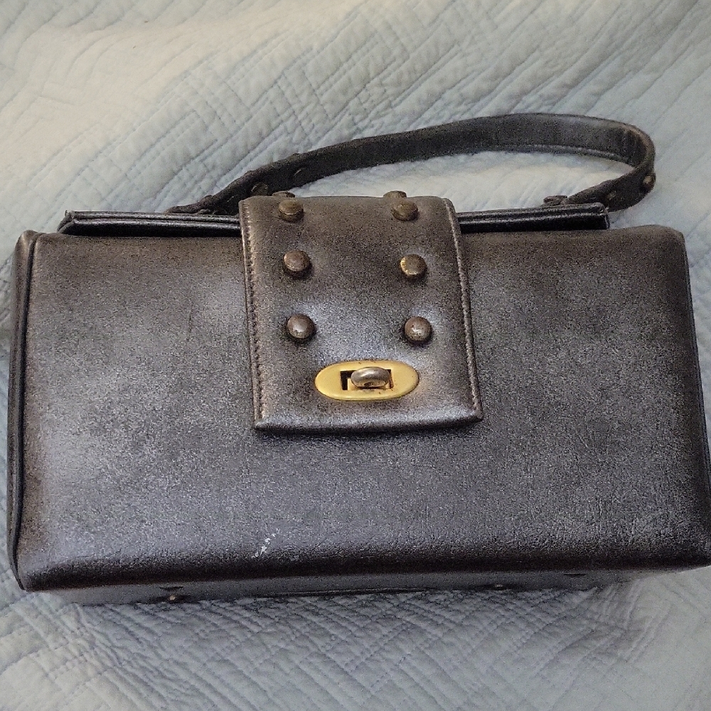 Metallic Grey Studded Leather Handbag with Gold Clasp
